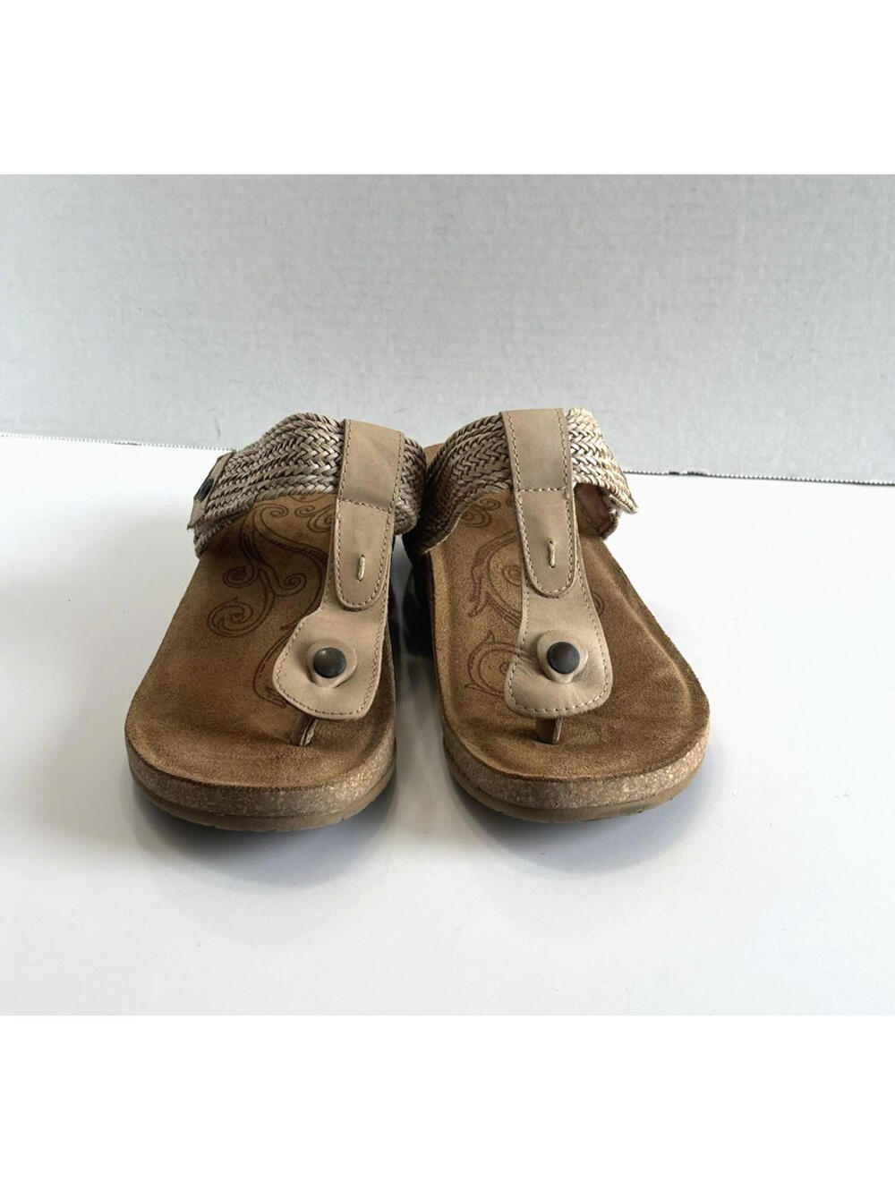 Taos Footwear Pam Women’s Size 9 Beige Woven Leather Thong Slide Sandals Cork - Picture 4 of 9